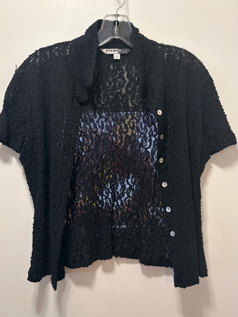 Studio JPR vintage black lace short sleeve top/overlay blouse- - size L